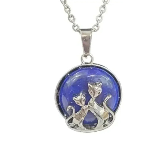 Lapis Lazuli Mother and Baby Cat Necklace with Natural Stone Center - Picture 1 of 8